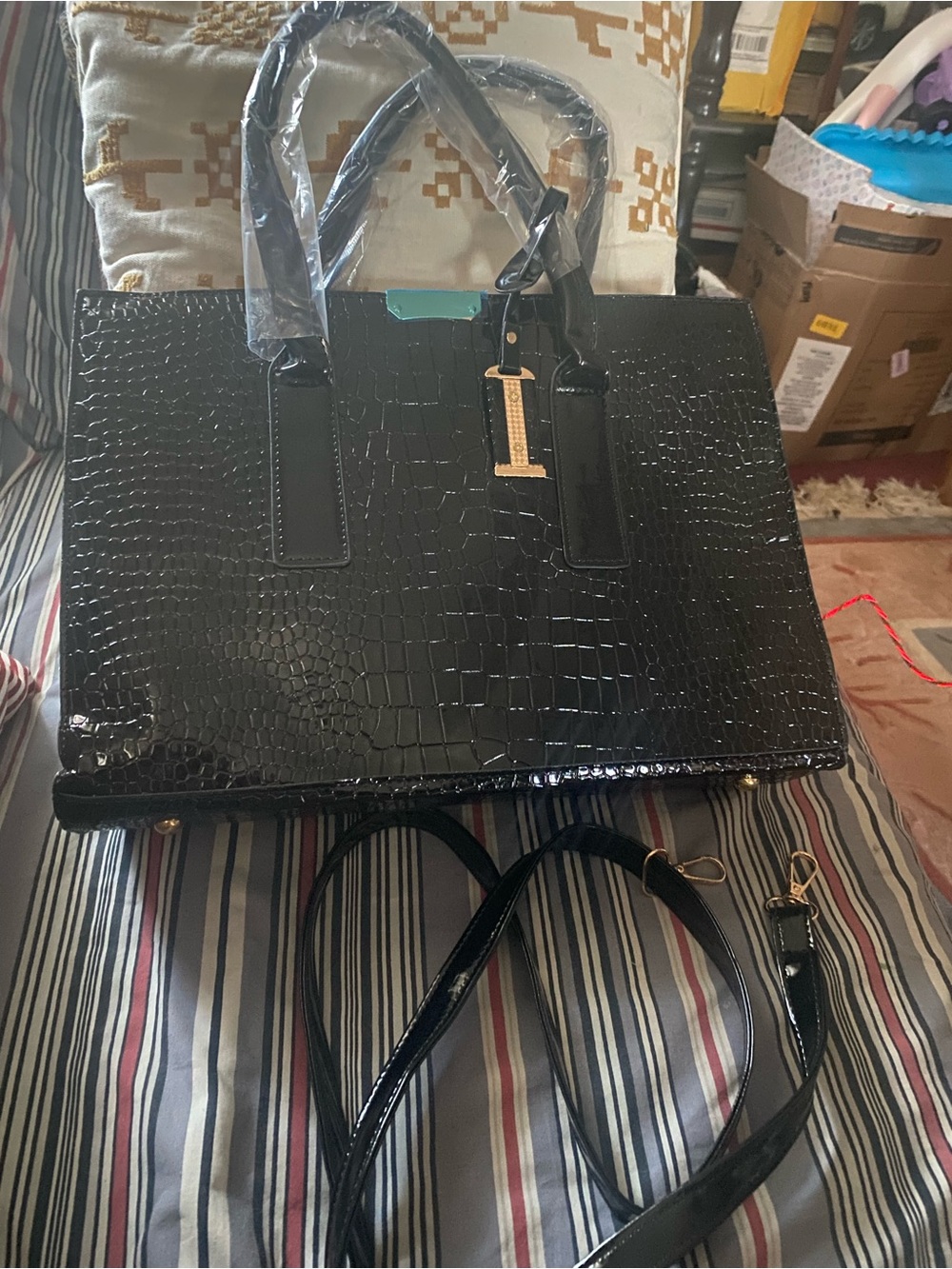 Structured Black Croc-Embossed Tote with Gold Charm